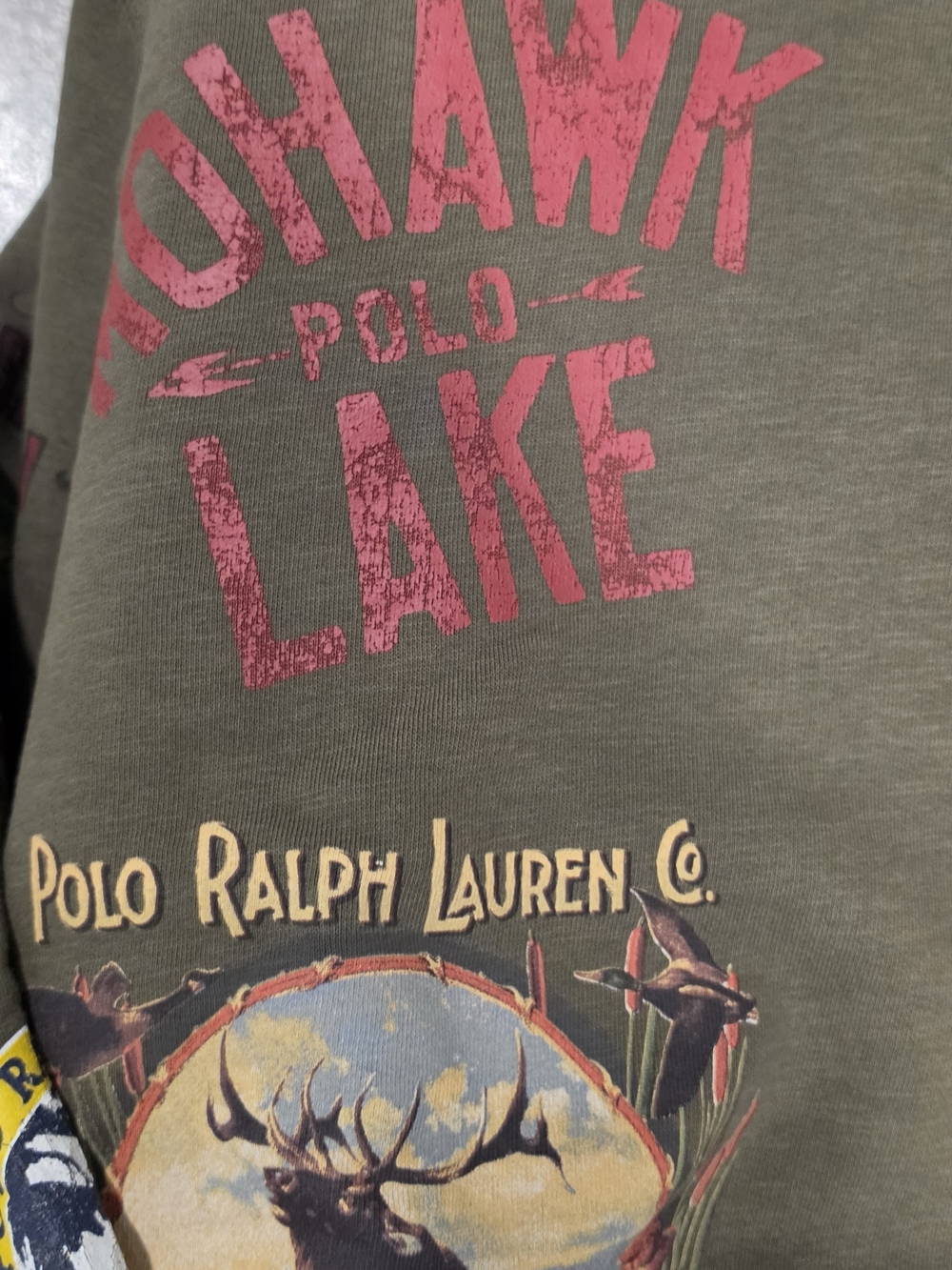 Mowhawk Lake Ralph Lauren Olive Hoodie with Gray Hood and Red Graphic - Picture 4 of 5
